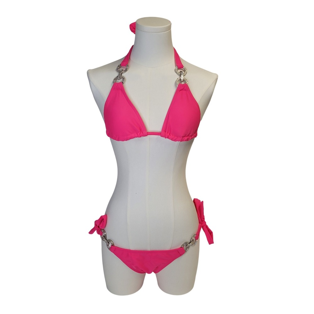 Hot Pink Bling Triangle Bikini Set Halter Tie Side Two Piece Swimsuit Medium